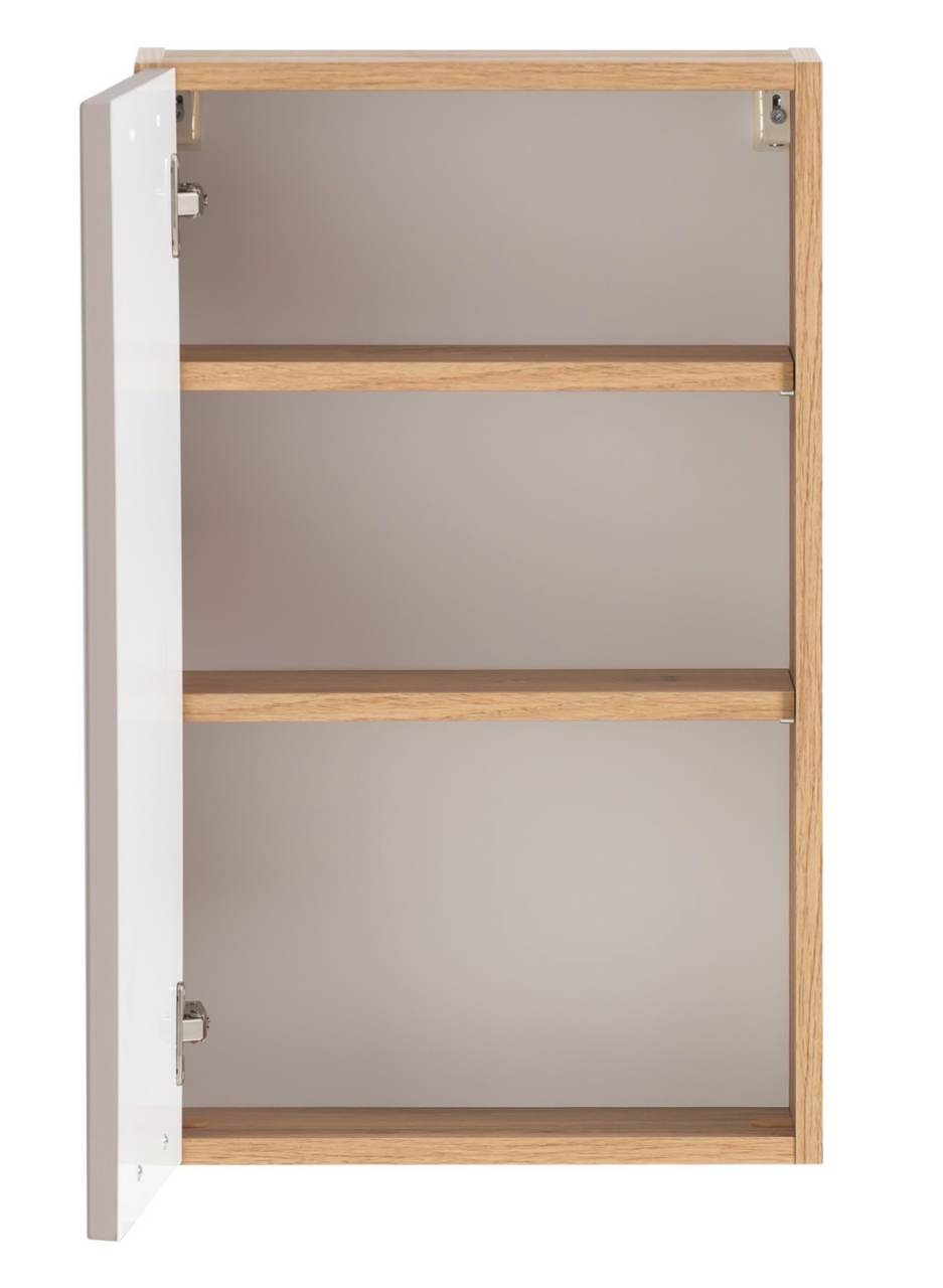 Offener Hängeschrank mit zwei Regalböden, Holzrahmen und weißer Tür, Frontalansicht