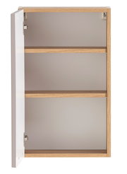 Offener Hängeschrank mit zwei Regalböden, Holzrahmen und weißer Tür, Frontalansicht