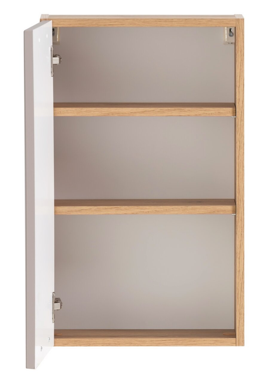 Offener Hängeschrank mit zwei Regalböden, Holzrahmen und weißer Tür, Frontalansicht