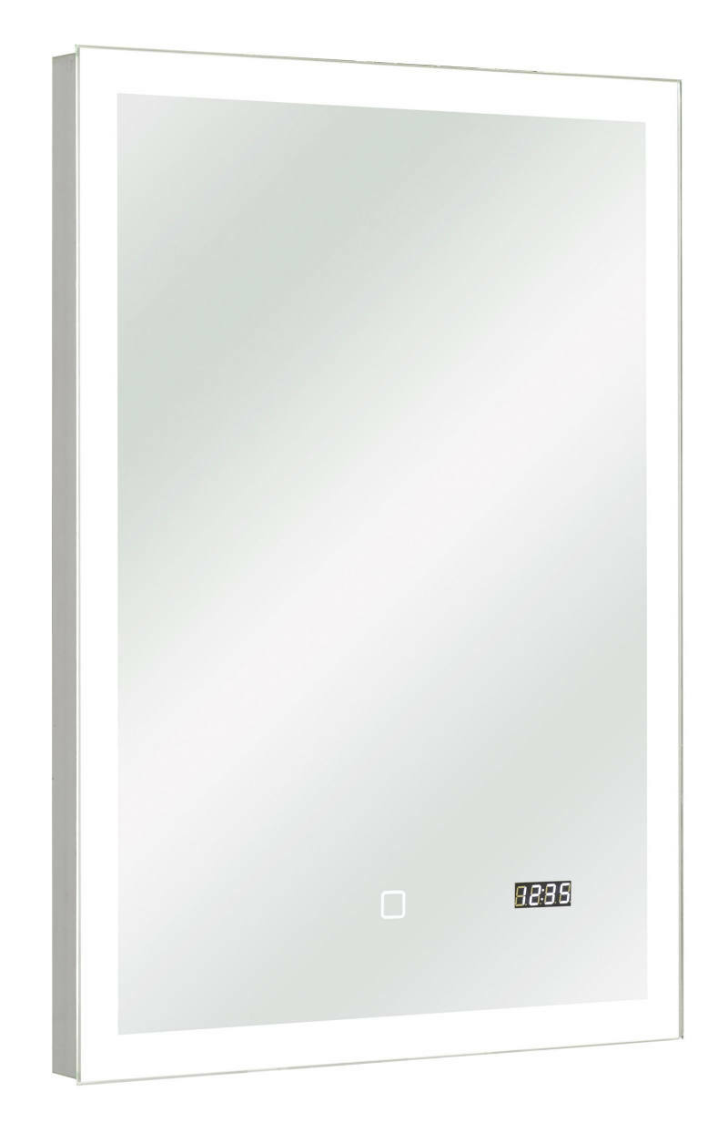 XORA LED-Spiegel LED-Spiegel mit integriertem Uhrdisplay und Touch-Schalter, seitliche Perspektive