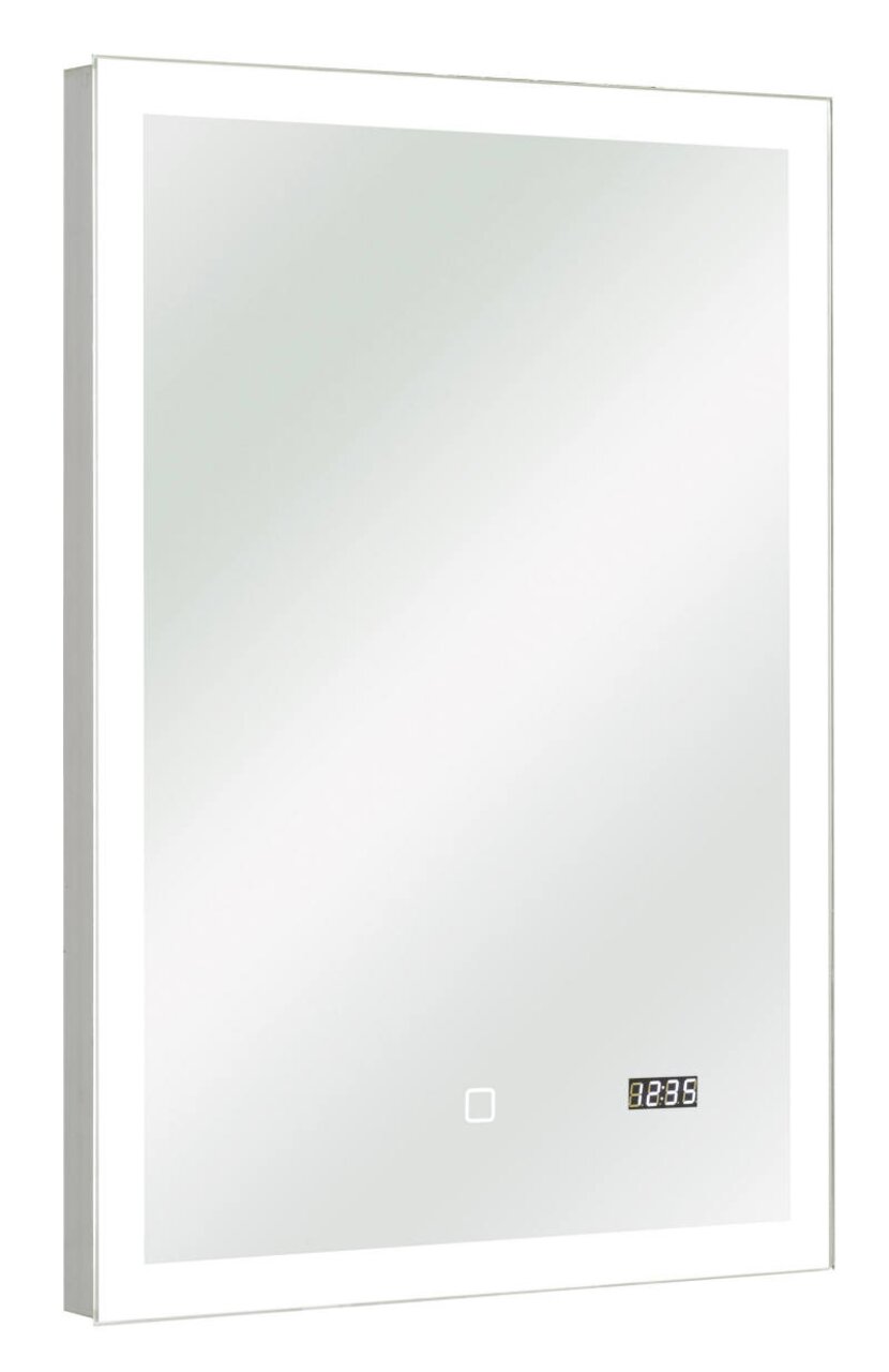LED-Spiegel mit integriertem Uhrdisplay und Touch-Schalter, seitliche Perspektive