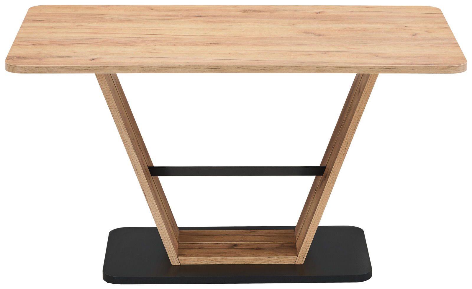 Moderner Esstisch aus Holz mit V-förmigem Gestell, seitliche Perspektive