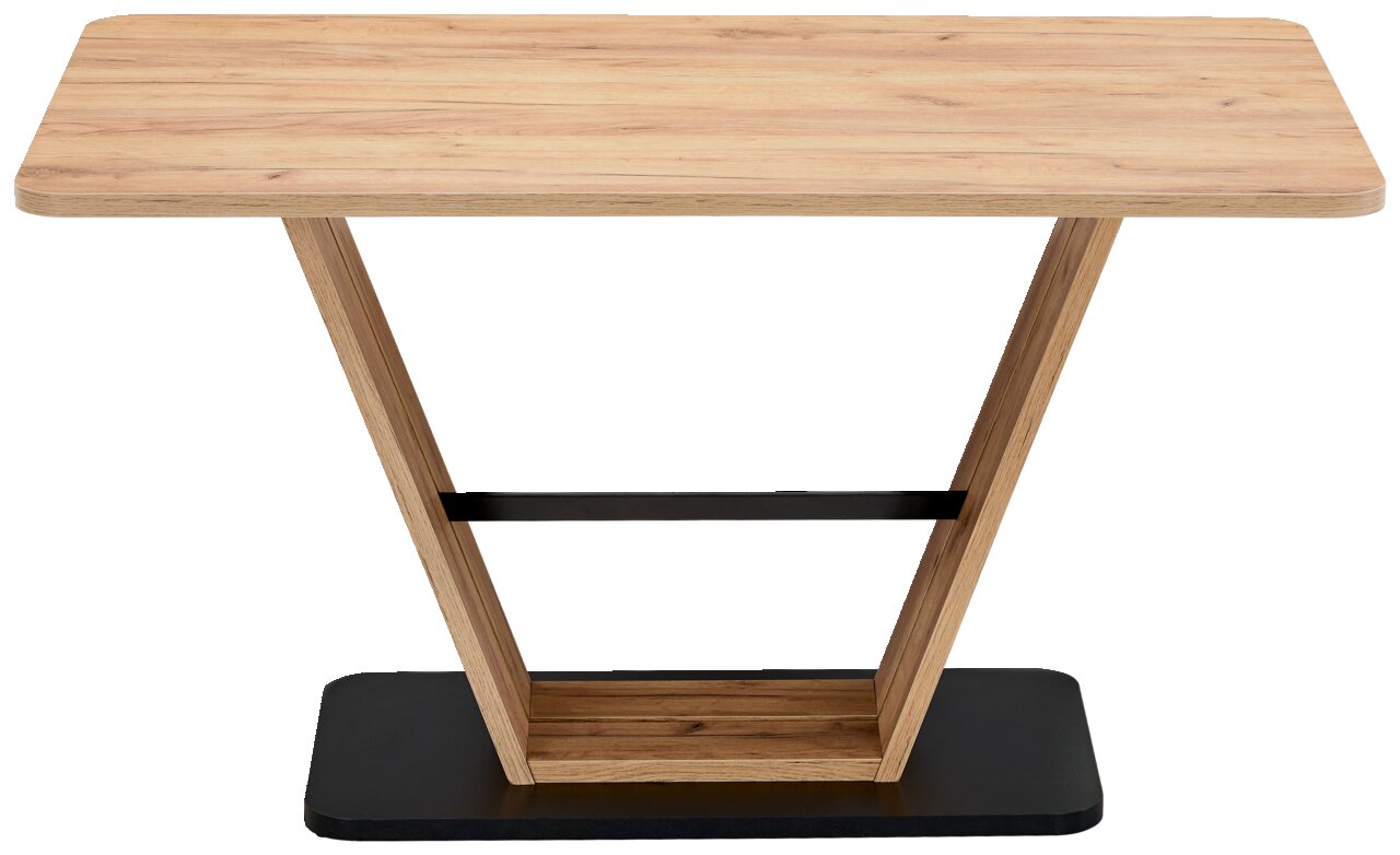 Moderne houten eettafel met V-vormig onderstel, zijaanzicht