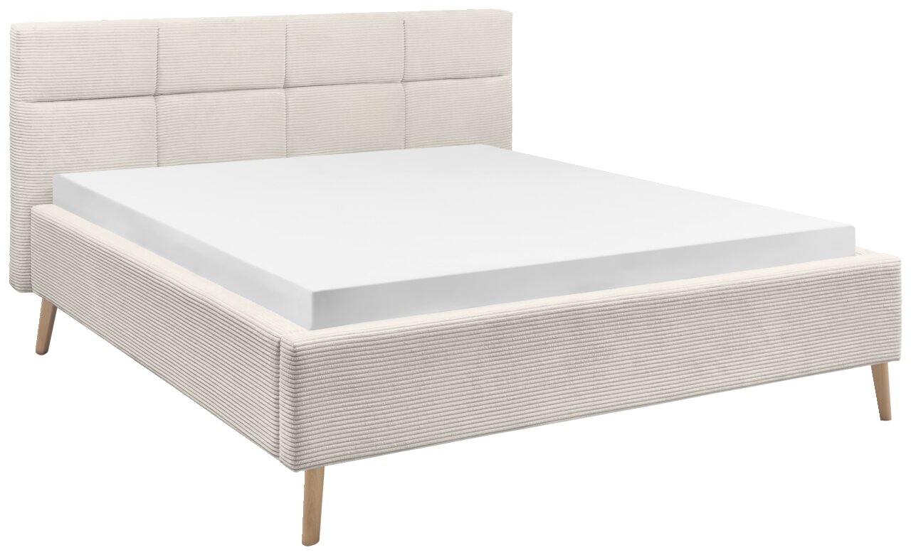 Polsterbett mit gestepptem Kopfteil und Holzfüßen, seitliche Perspektive