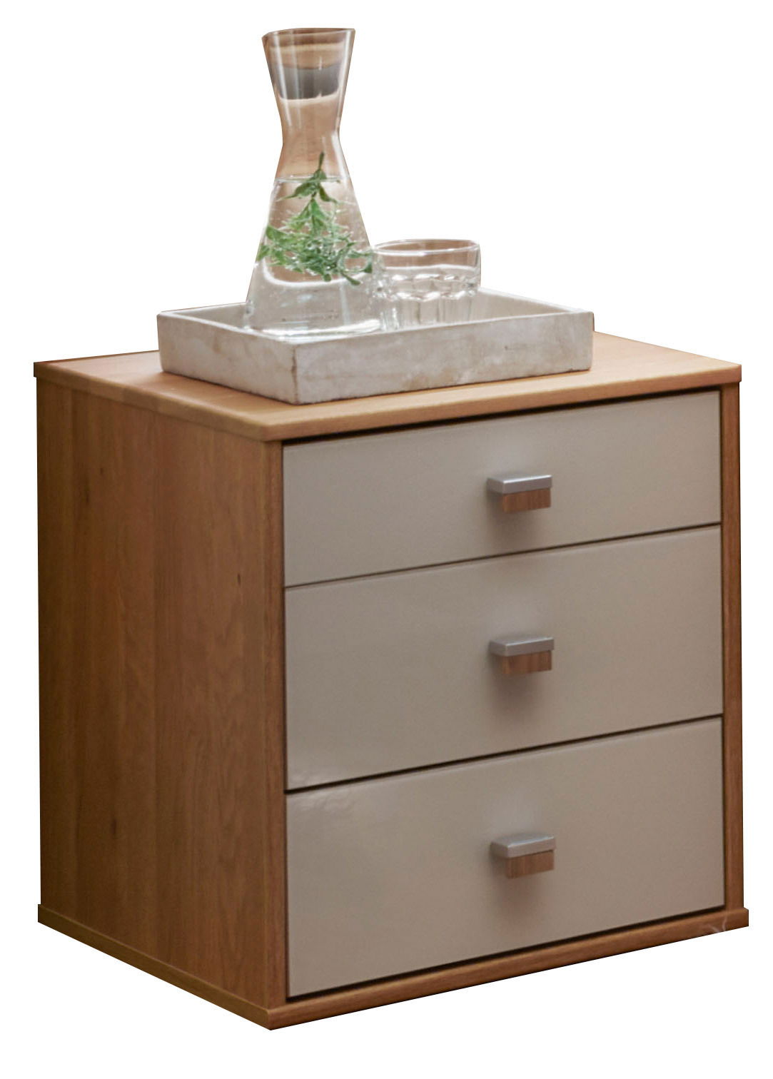Venda Nachtschrank ARONA Moderner Nachtschrank mit drei Schubladen in Holzoptik, darauf eine Glasvase und ein Tablett, seitliche Perspektive.