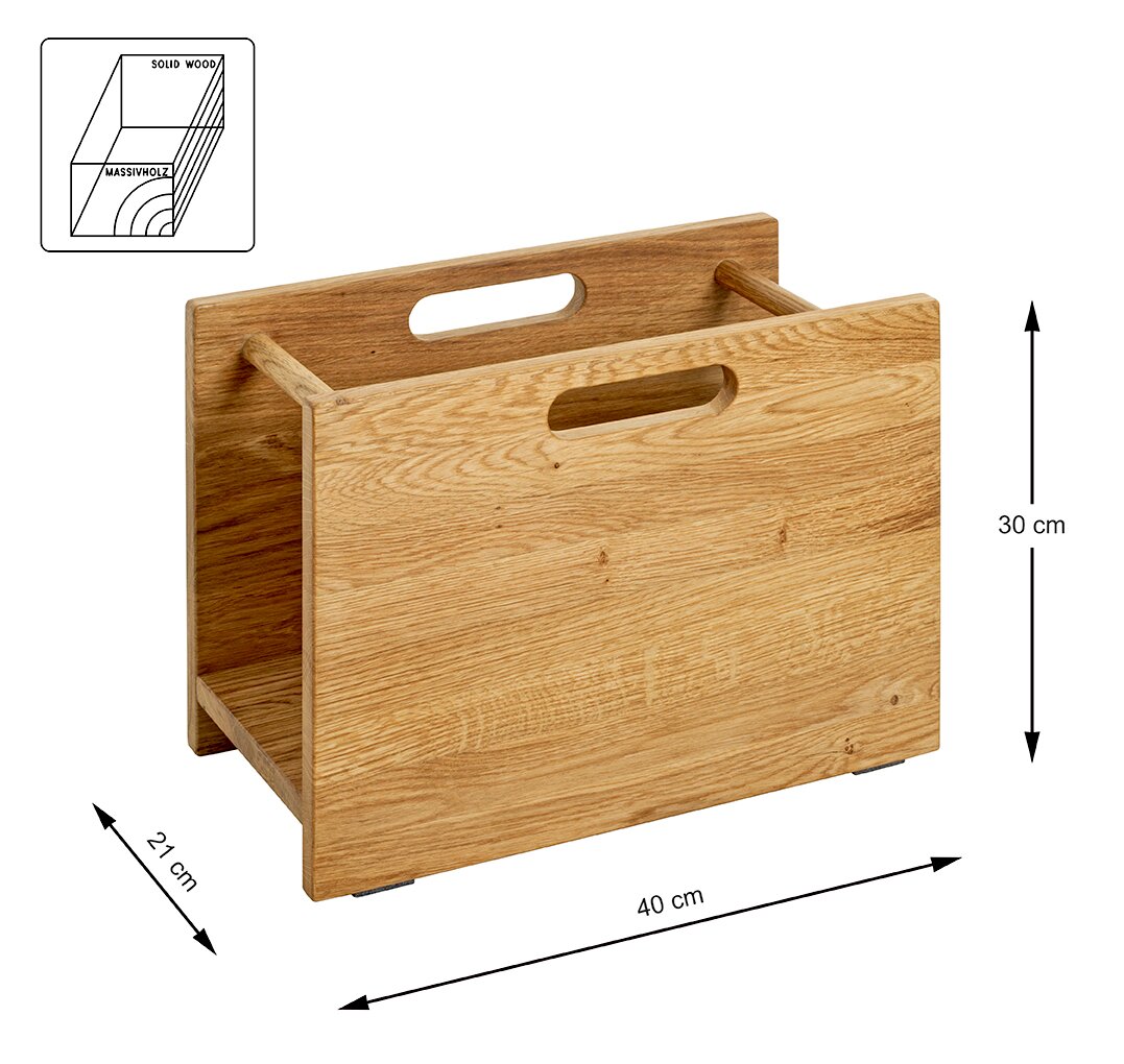 Massivholz-Zeitungsständer in Naturholzoptik mit Griffausschnitten und Rundstäben, Maße ca. 40 x 21 x 30 cm, gezeigt in schräger Vorderansicht (3/4-Perspektive) vor weißem Hintergrund.