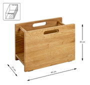 Massivholz-Zeitungsständer in Naturholzoptik mit Griffausschnitten und Rundstäben, Maße ca. 40 x 21 x 30 cm, gezeigt in schräger Vorderansicht (3/4-Perspektive) vor weißem Hintergrund.