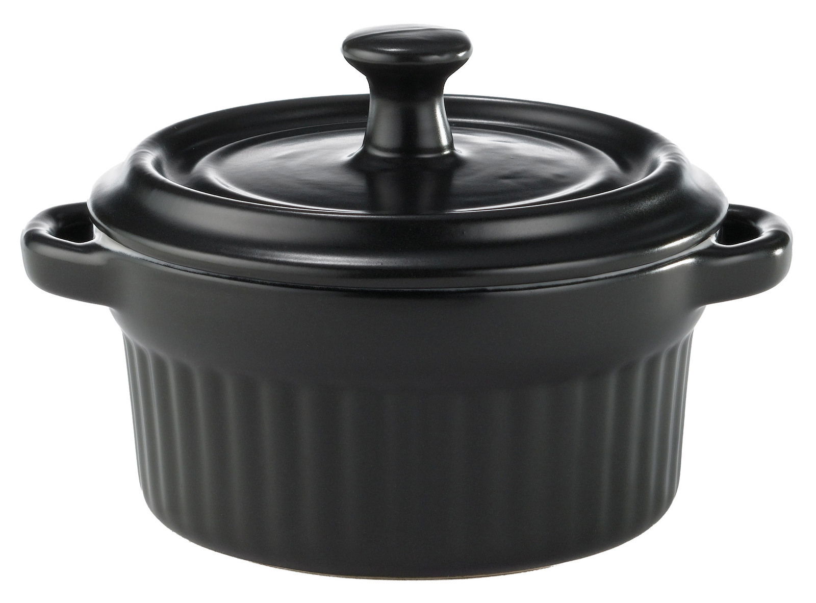 Zurbrüggen Mini-cocotte Schwarze Mini-Cocotte aus Keramik mit Deckel, seitliche Perspektive