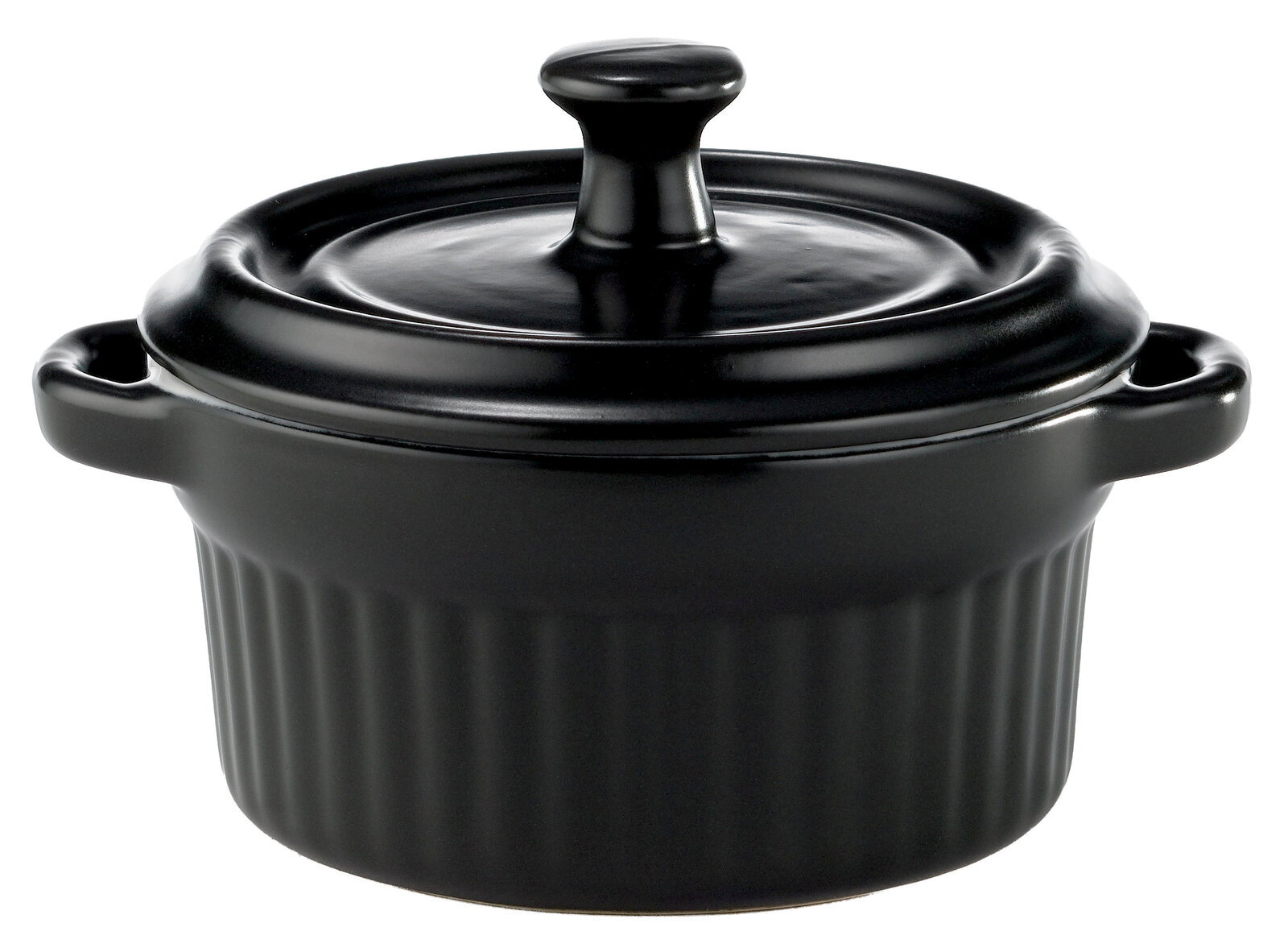 Zurbrüggen Mini-Cocotte Schwarze Mini-Cocotte aus Keramik mit Deckel, seitliche Perspektive
