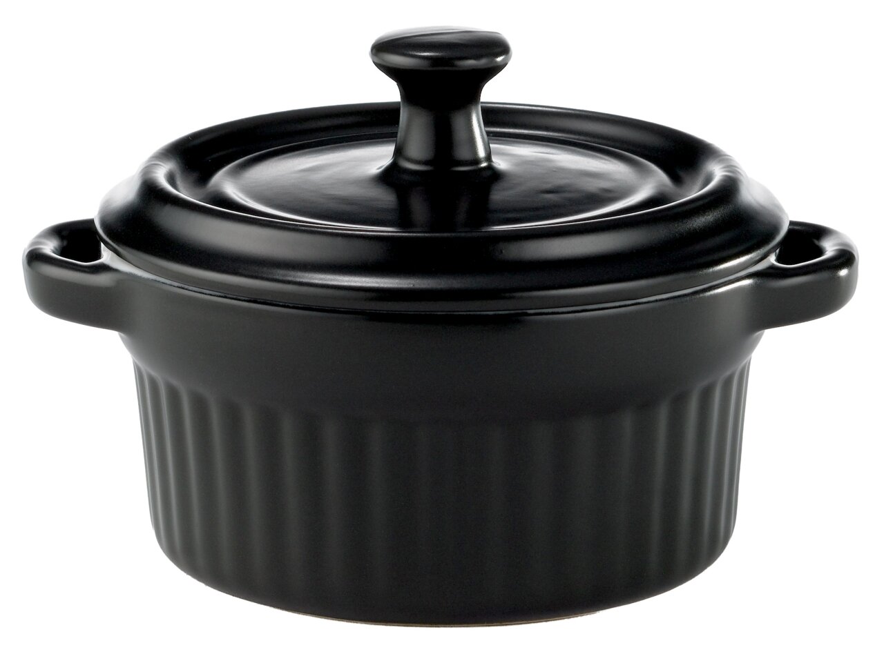 Schwarze Mini-Cocotte aus Keramik mit Deckel, seitliche Perspektive