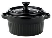 Zwarte mini-cocotte van keramiek met deksel, zijaanzicht
