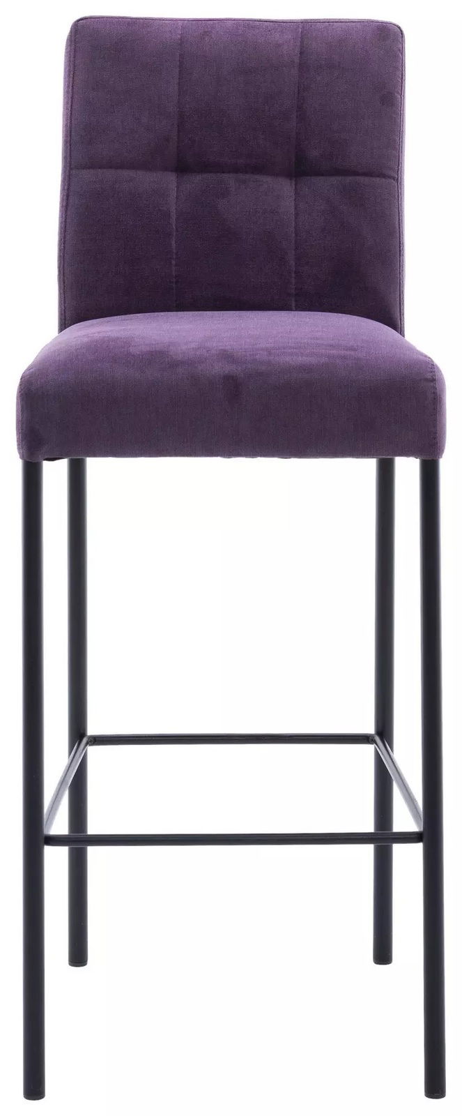Violetter Barhocker mit gepolsterter Rückenlehne und schwarzem Metallgestell, Frontalansicht