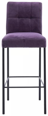 Violetter Barhocker mit gepolsterter Rückenlehne und schwarzem Metallgestell, Frontalansicht