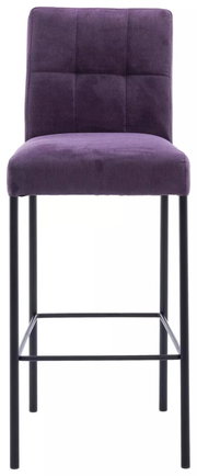 Violetter Barhocker mit gepolsterter Rückenlehne und schwarzem Metallgestell, Frontalansicht