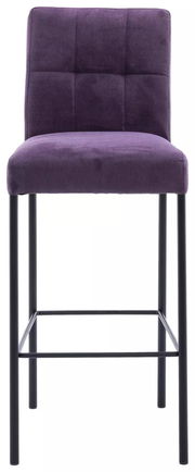 Violetter Barhocker mit gepolsterter Rückenlehne und schwarzem Metallgestell, Frontalansicht
