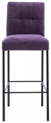 Violetter Barhocker mit gepolsterter Rückenlehne und schwarzem Metallgestell, Frontalansicht