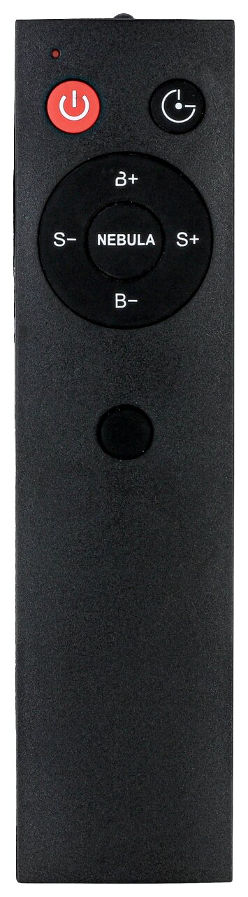 Fernbedienung für LED-Dekoleuchte, Vorderansicht mit mehreren Tasten, darunter Ein-/Ausschalter und Helligkeitsregler.