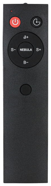 Fernbedienung für LED-Dekoleuchte, Vorderansicht mit mehreren Tasten, darunter Ein-/Ausschalter und Helligkeitsregler.