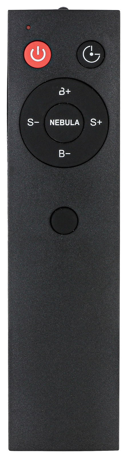 Fernbedienung für LED-Dekoleuchte, Vorderansicht mit mehreren Tasten, darunter Ein-/Ausschalter und Helligkeitsregler.