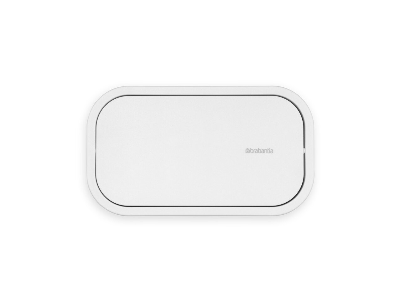 Weißer Abfallbehälterdeckel von oben mit abgerundeten Ecken und Markenlogo.