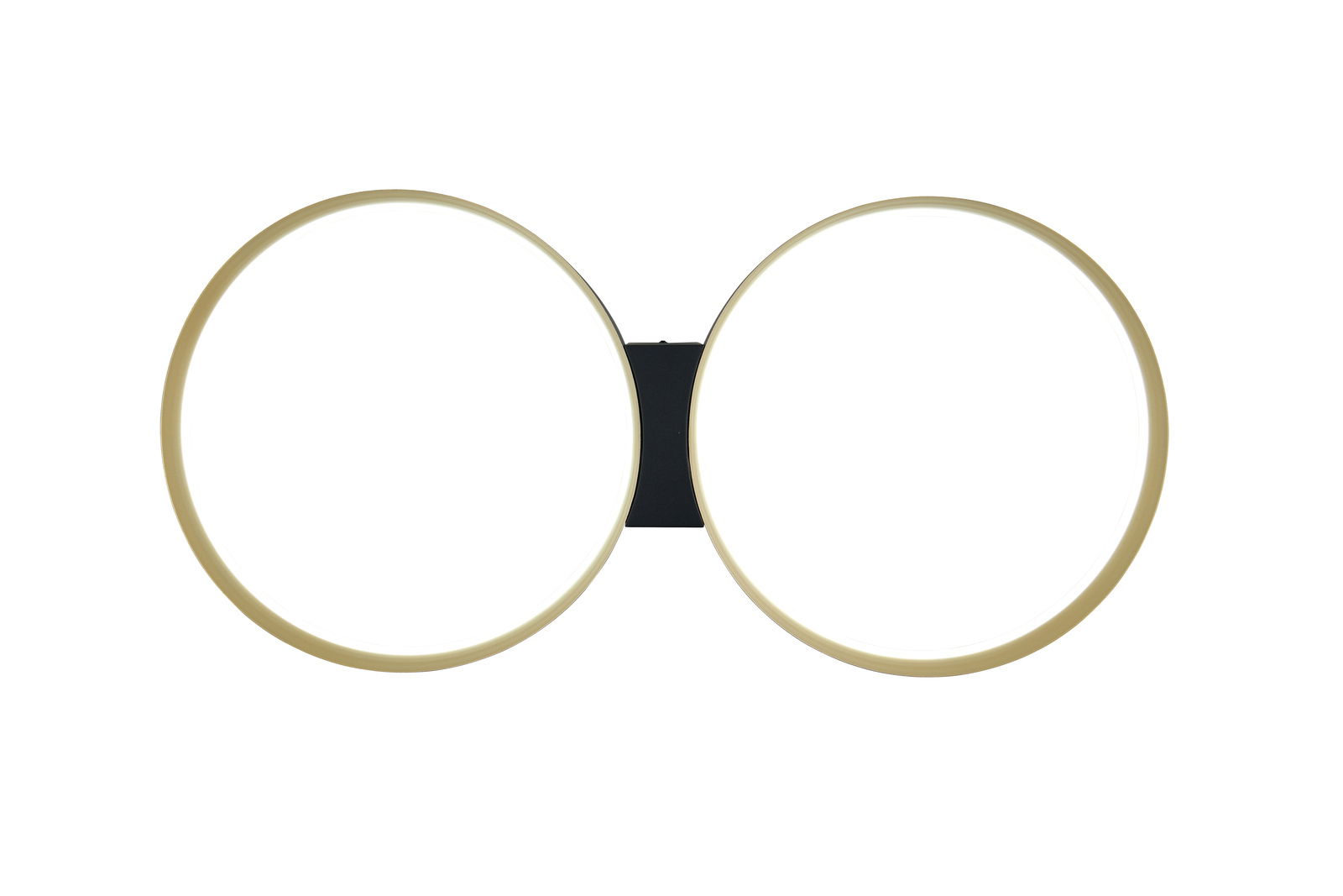 Moderne Deckenleuchte mit zwei runden, goldfarbenen Ringen, frontal betrachtet.