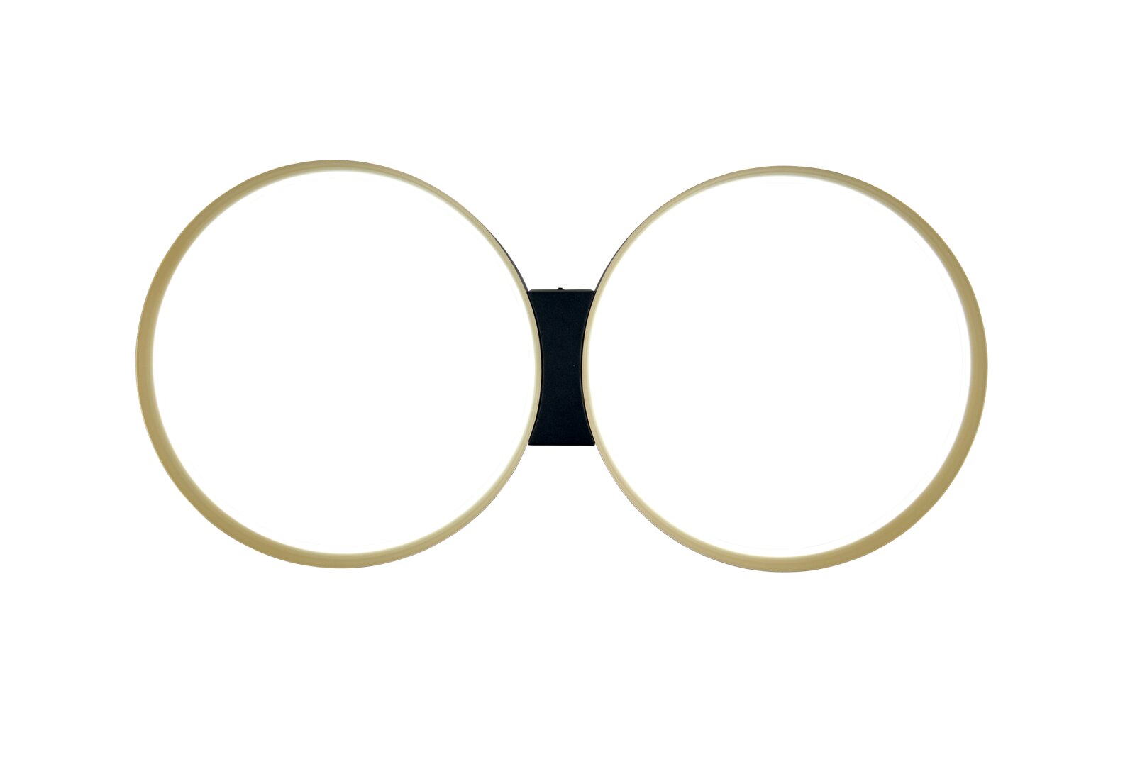 Moderne plafondlamp met twee ronde, goudkleurige ringen, gezien van voren.