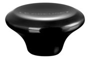 Schwarzer Deckelknopf aus Nickel mit der Aufschrift 'Le Creuset', seitliche Perspektive