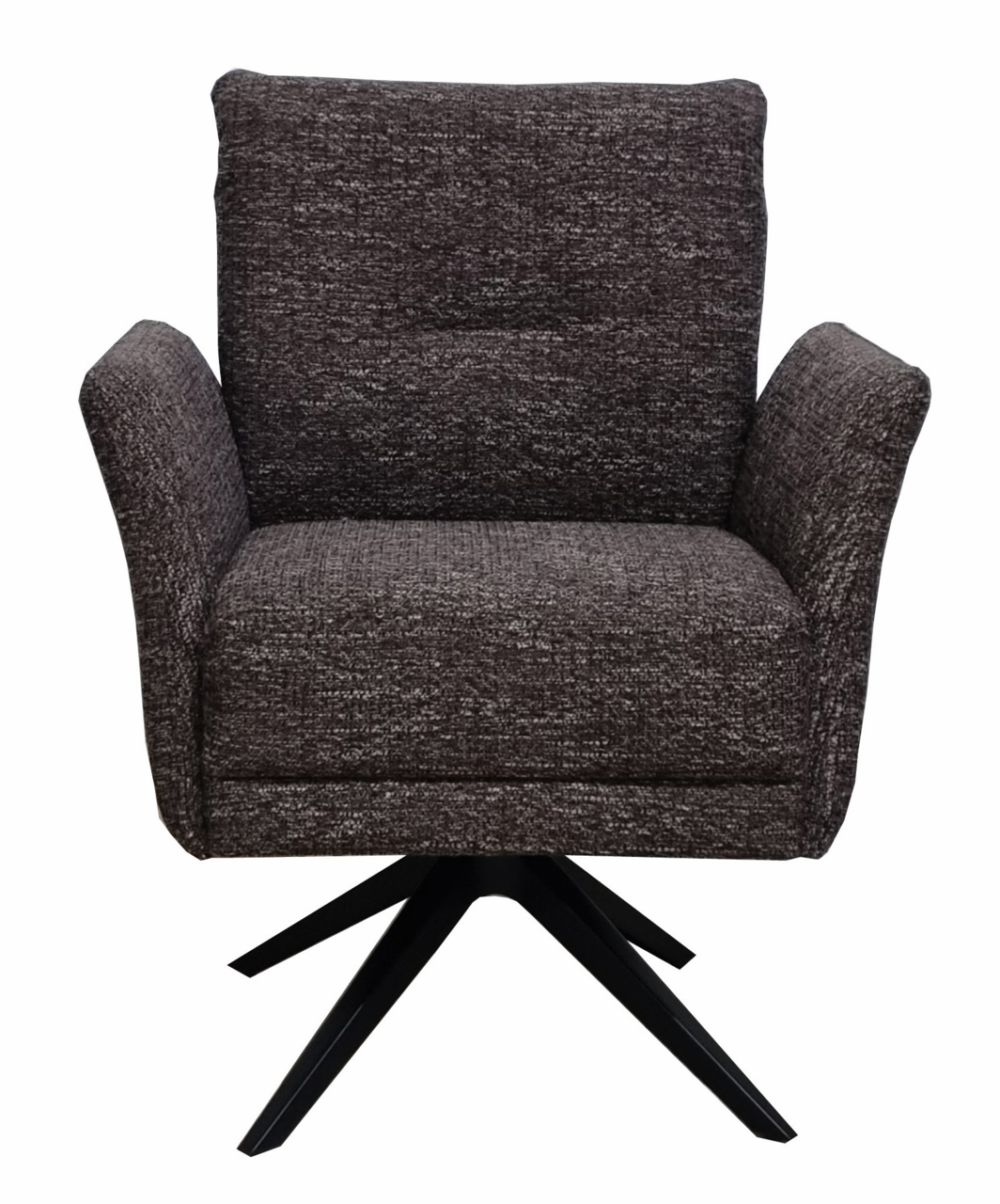 Moderner Drehsessel in dunklem Stoffbezug, frontal fotografiert mit schwarzem Metallfuß.