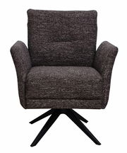 Moderner Drehsessel in dunklem Stoffbezug, frontal fotografiert mit schwarzem Metallfuß.