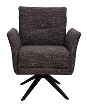Moderner Drehsessel in dunklem Stoffbezug, frontal fotografiert mit schwarzem Metallfuß.