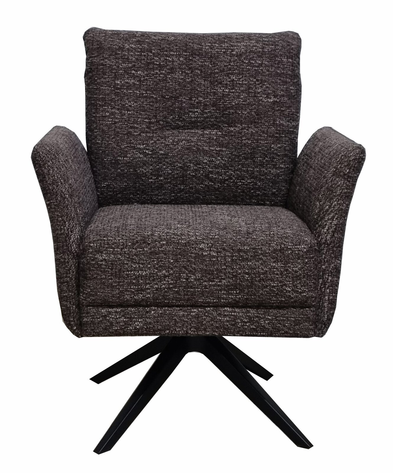 Moderner Drehsessel in dunklem Stoffbezug, frontal fotografiert mit schwarzem Metallfuß.