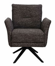 Moderner Drehsessel in dunklem Stoffbezug, frontal fotografiert mit schwarzem Metallfuß.
