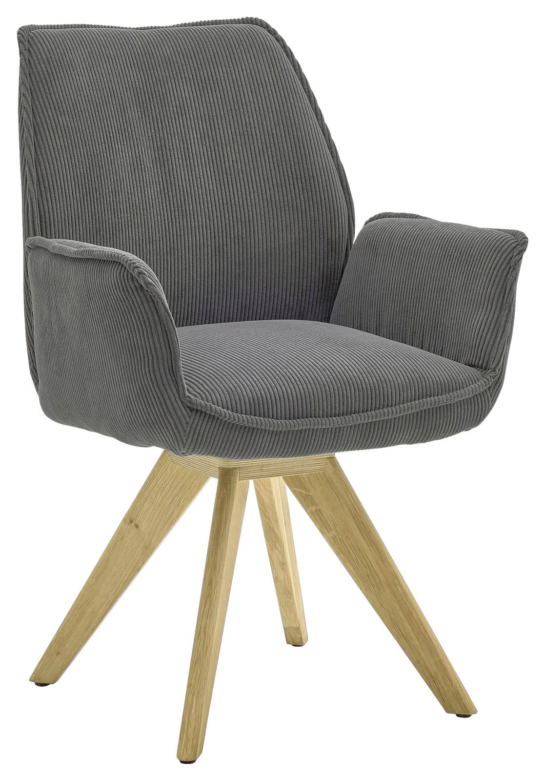 Grauer Armlehnstuhl mit Holzbeinen, Vorderansicht