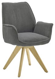 Grauer Armlehnstuhl mit Holzbeinen, Vorderansicht