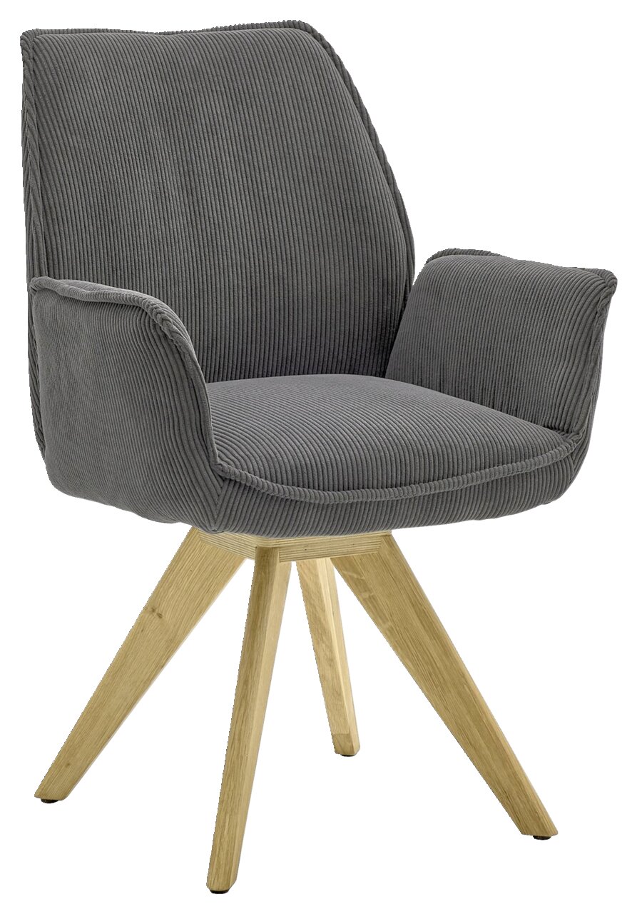 Grauer Armlehnstuhl mit Holzbeinen, Vorderansicht