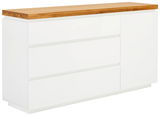 Weißes Sideboard mit drei Schubladen und einer Tür, Holzplatte oben, seitliche Perspektive