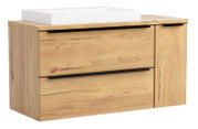 Bad-Waschtisch-Unterschrank aus hellem Holz mit zwei Schubladen und einer Tür, schwarzen Griffleisten und weißem Aufsatzwaschbecken, freigestellt vor weißem Hintergrund, Ansicht schräg von vorn