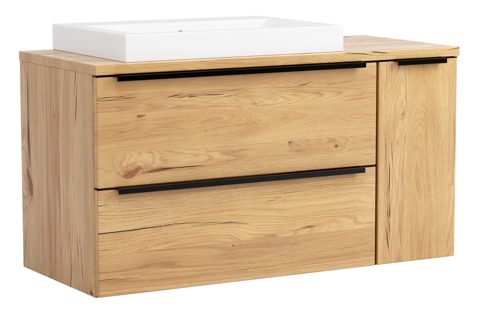 Bad-Waschtisch-Unterschrank aus hellem Holz mit zwei Schubladen und einer Tür, schwarzen Griffleisten und weißem Aufsatzwaschbecken, freigestellt vor weißem Hintergrund, Ansicht schräg von vorn