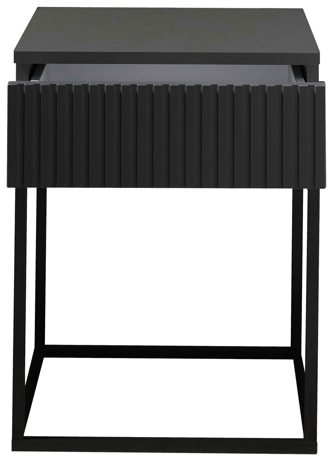Moderne schwarze Nachtkommode mit geriffelter Front und offenem Metallgestell, Frontalansicht