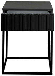 Moderne schwarze Nachtkommode mit geriffelter Front und offenem Metallgestell, Frontalansicht