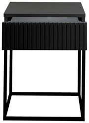 Moderne schwarze Nachtkommode mit geriffelter Front und offenem Metallgestell, Frontalansicht