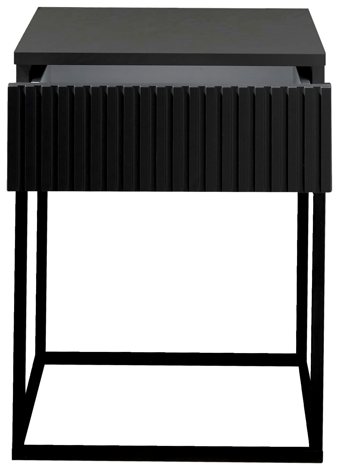 Moderne schwarze Nachtkommode mit geriffelter Front und offenem Metallgestell, Frontalansicht
