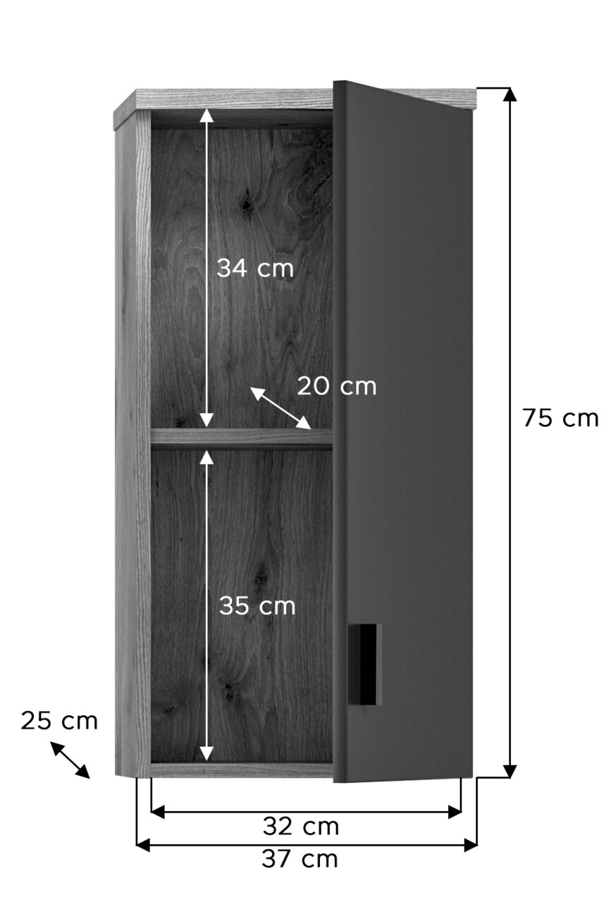 Hängeschrank mit offener Tür, zwei Fächer, Maße: 75 cm hoch, 37 cm breit, 25 cm tief, Frontansicht