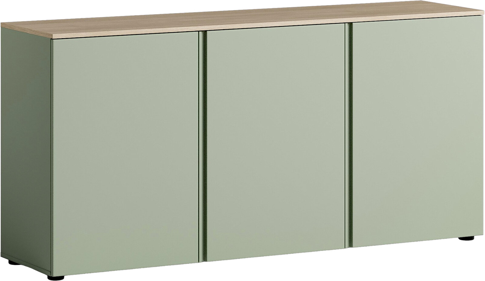 Modernes Sideboard in hellem Grün mit drei Türen und Holzoberfläche, Frontalansicht
