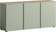 Modernes Sideboard in hellem Grün mit drei Türen und Holzoberfläche, Frontalansicht