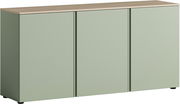 Modernes Sideboard in hellem Grün mit drei Türen und Holzoberfläche, Frontalansicht