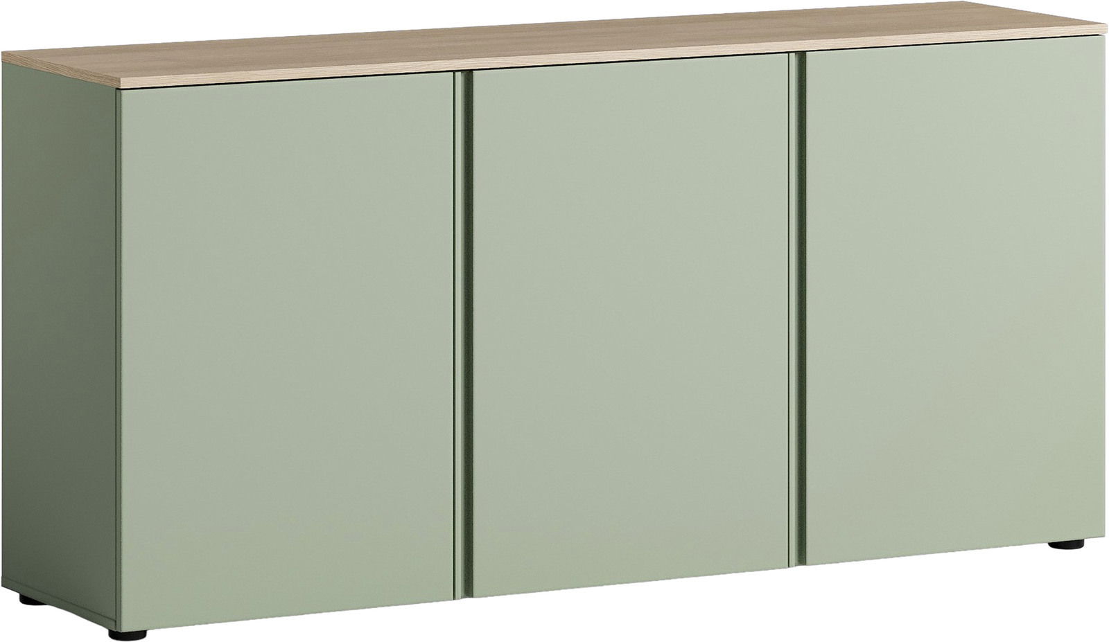Modernes Sideboard in hellem Grün mit drei Türen und Holzoberfläche, Frontalansicht