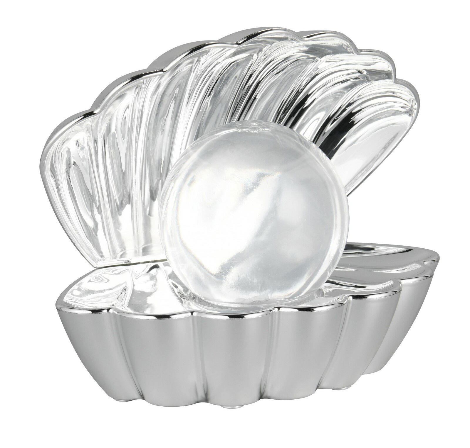 Reality Leuchten Tischleuchte SHELLY Silberne Tischleuchte in Form einer geöffneten Muschel mit einer leuchtenden Kugel im Inneren, seitliche Perspektive.