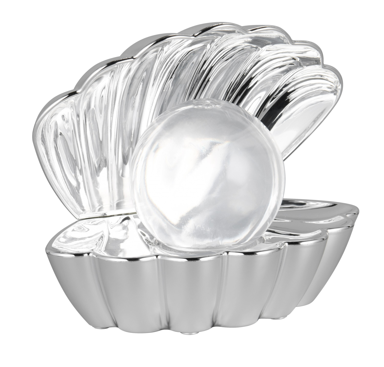 Silberne Tischleuchte in Form einer geöffneten Muschel mit einer leuchtenden Kugel im Inneren, seitliche Perspektive.