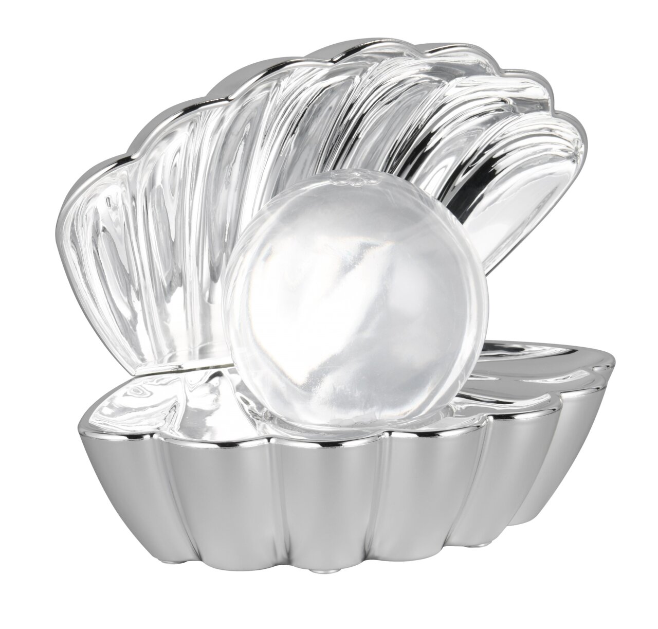 Reality Leuchten Tischleuchte SHELLY Silberne Tischleuchte in Form einer geöffneten Muschel mit einer leuchtenden Kugel im Inneren, seitliche Perspektive.